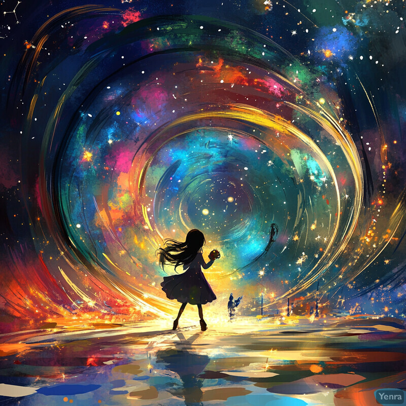 A young girl stands in front of a swirling vortex of colors, surrounded by stars and other celestial bodies.