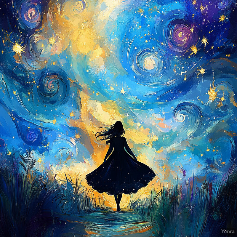 A woman stands on a rock, gazing up at the stars with her arms outstretched, surrounded by a swirling sky of blue, purple, and pink hues.