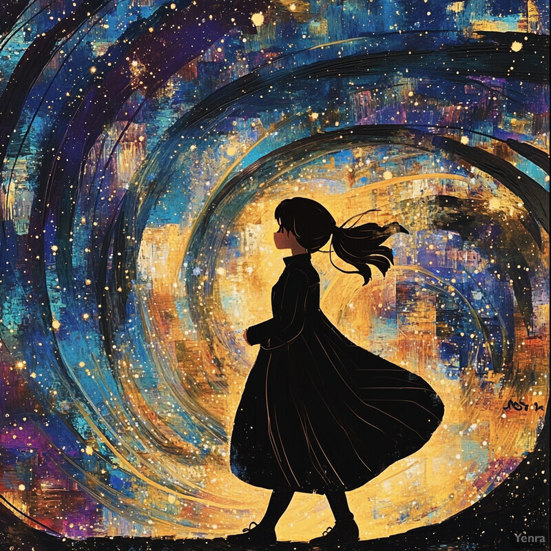 A young girl stands in front of a vibrant, swirling background, gazing upwards at the celestial scene unfolding behind her.