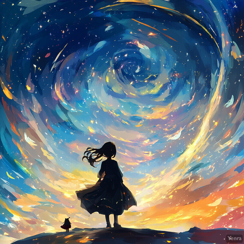 A young girl and another child standing on a hill, gazing up at a swirling vortex of light and color in the sky.