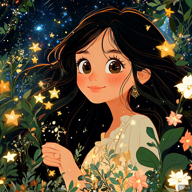 A young girl with long dark hair and brown eyes surrounded by lush greenery and vibrant flowers.