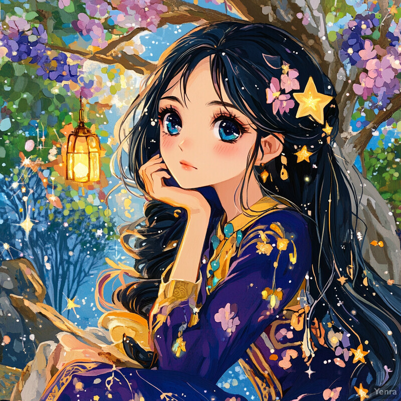 A young woman with blue eyes and long hair sits surrounded by flowers and greenery, wearing a purple dress with gold embroidery.