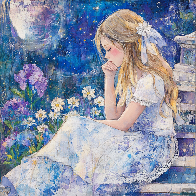 A young girl sits on steps surrounded by flowers and stars in shades of blue and purple.