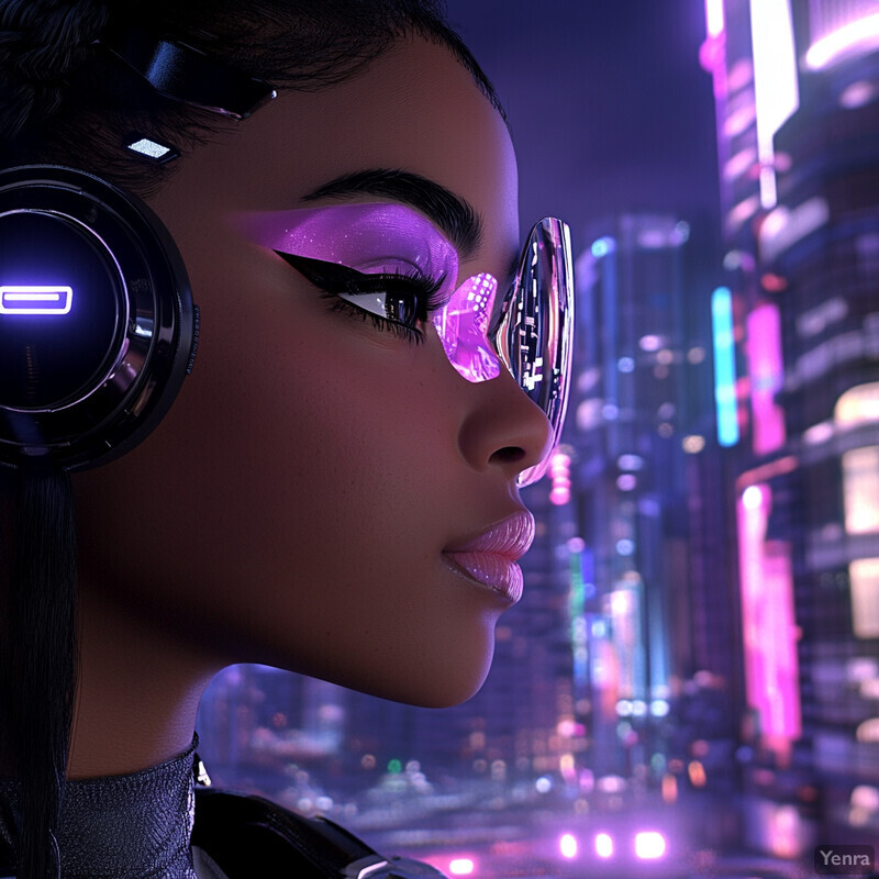 A woman with purple eyeshadow and reflective sunglasses in a futuristic setting