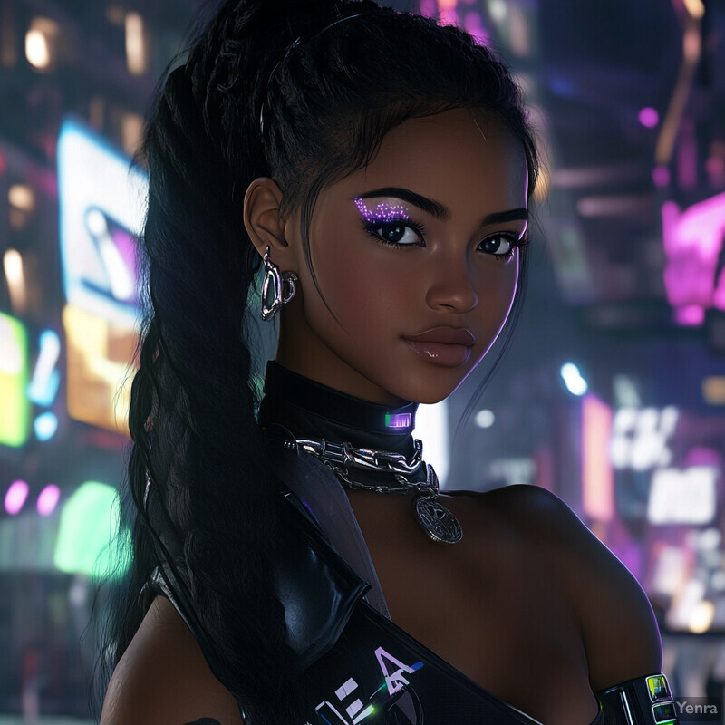 A woman with dark skin and long black hair stands on a busy city street at night, wearing a shiny off-the-shoulder top with neon symbols and a metal-studded collar around her neck.