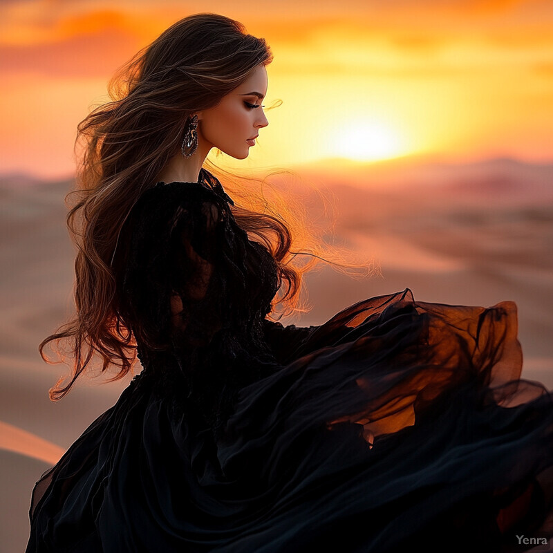 A woman in a black dress stands in front of a vibrant sunset, exuding confidence and poise.