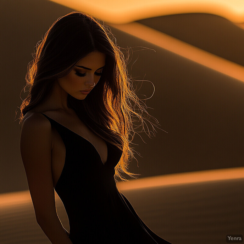 A woman with long hair and a black dress gazes downward, surrounded by dramatic lighting.