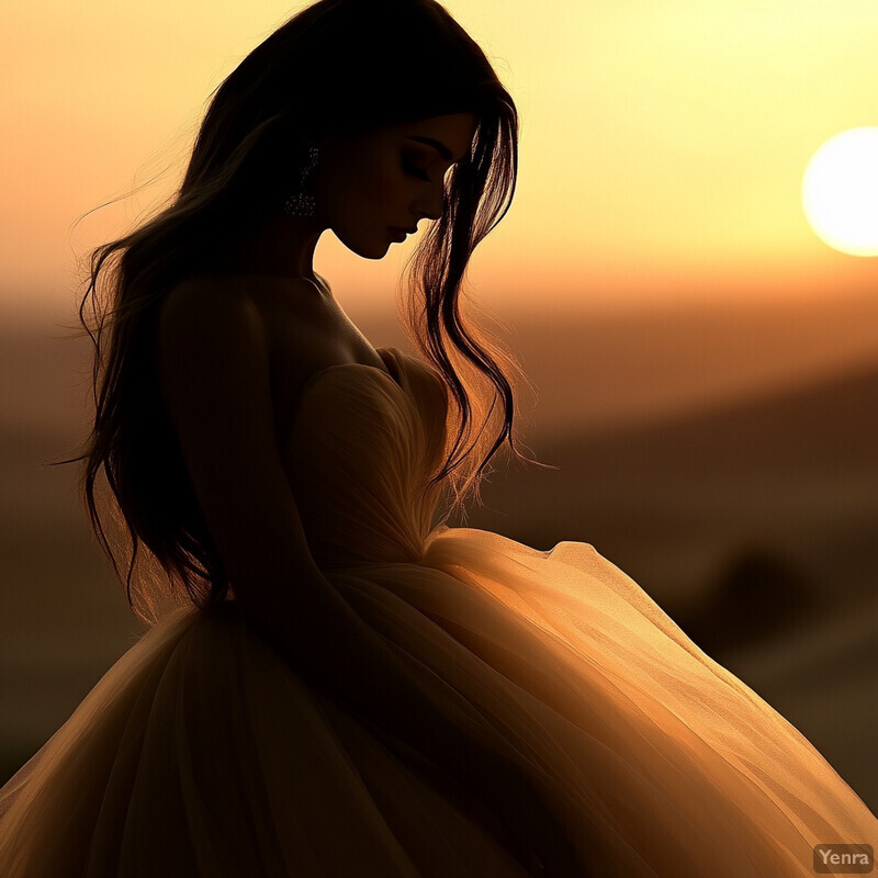 A woman gazes downward at her ballgown skirt against an orange and yellow sky