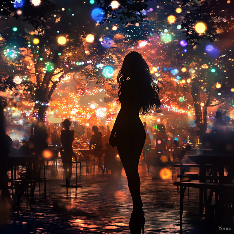 A woman stands on a street at night, surrounded by trees and tables with chairs, amidst a city street or park with many lights.