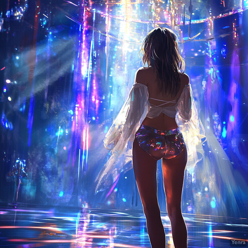 A woman admires her reflection in an iridescent wall, surrounded by vibrant colors.