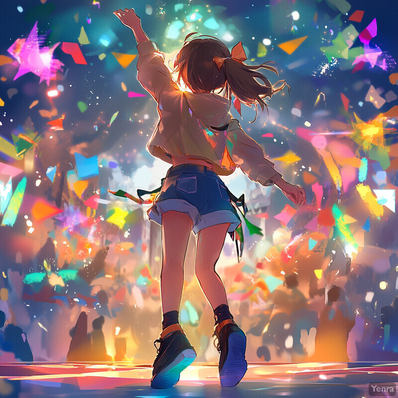 A young woman dancing on stage surrounded by confetti and balloons.