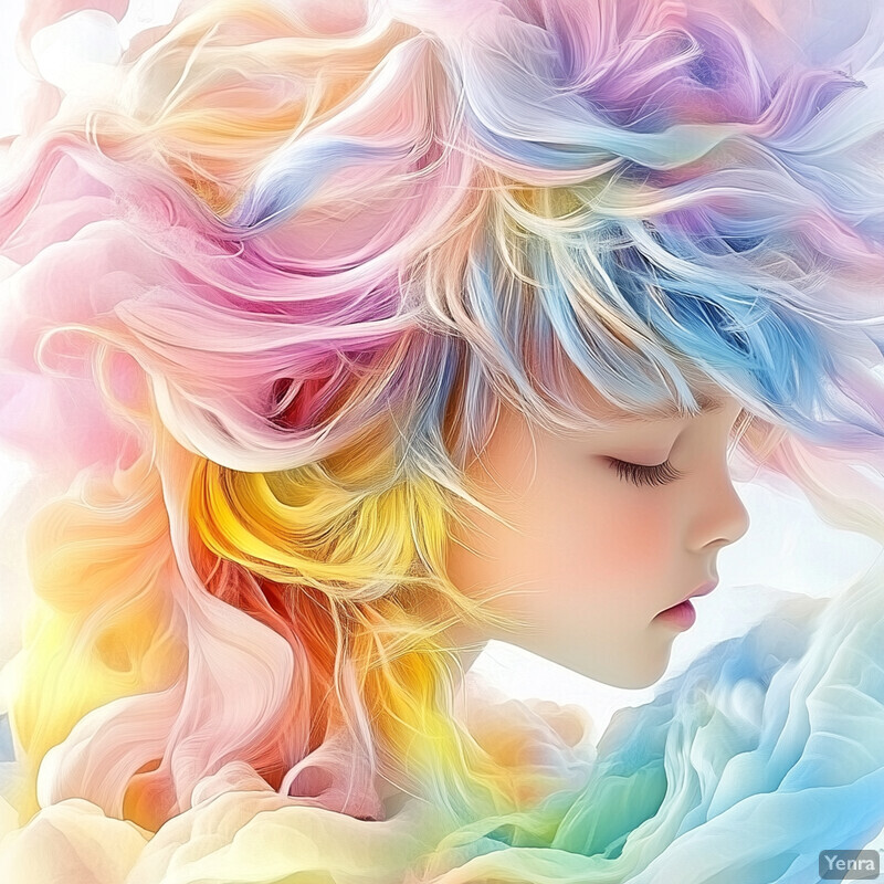 A woman with long hair and closed eyes, surrounded by pastel colors.