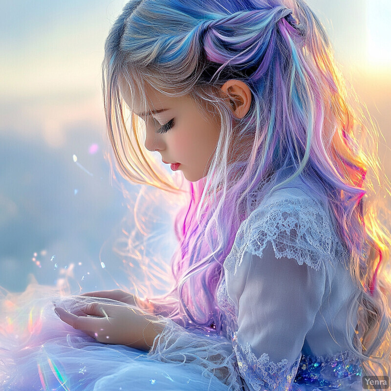 A young girl with purple and blue hair sits in a white lace dress, lost in thought.