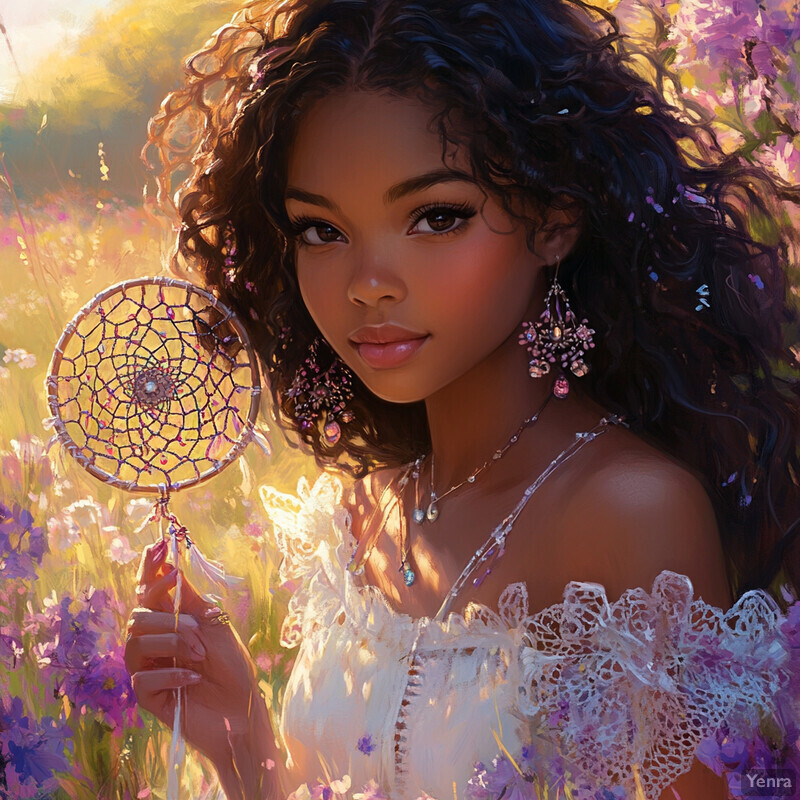 An illustrated woman holding a dreamcatcher in a field with purple flowers