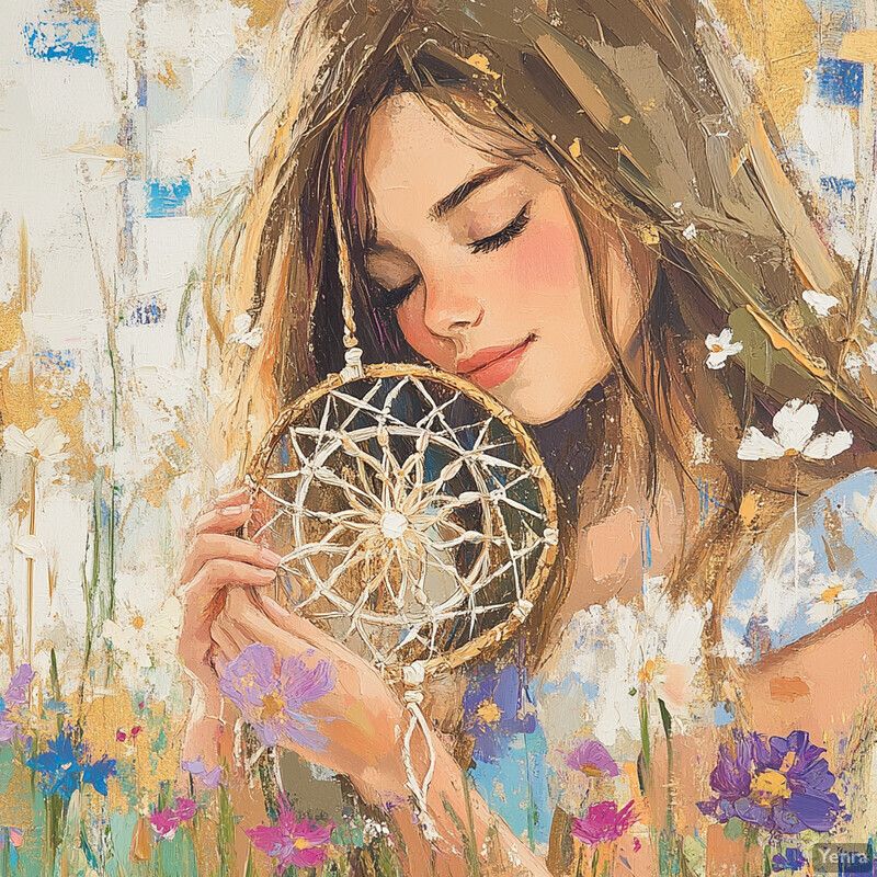 A young woman holds a dreamcatcher in her right hand, surrounded by a soft blue-green background with flowers.