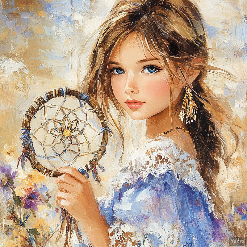 A young girl holds a dreamcatcher, believed to filter out bad dreams.