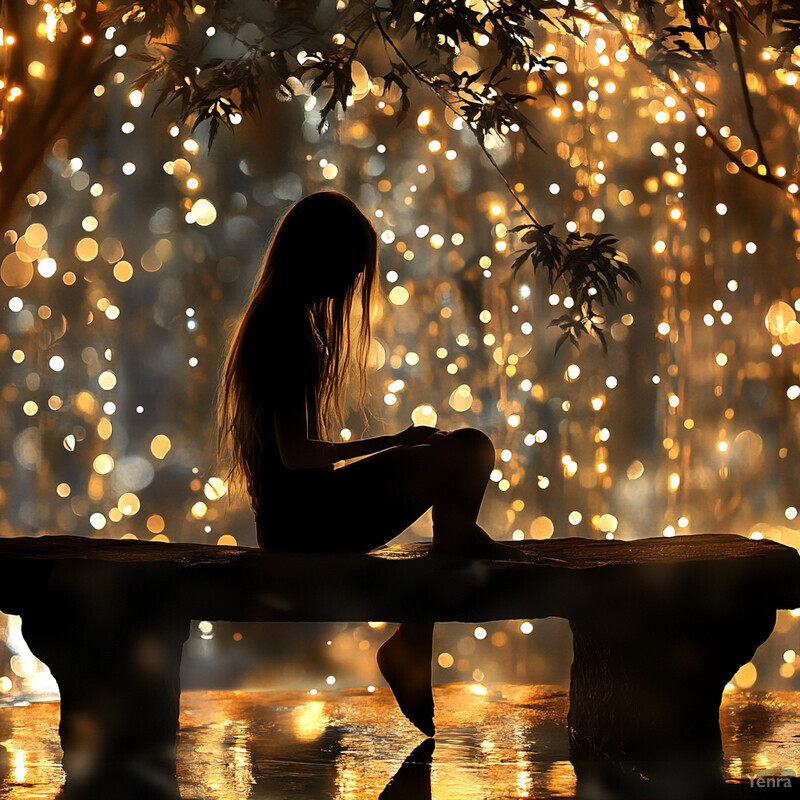 Woman sitting on a bench in a forest at night