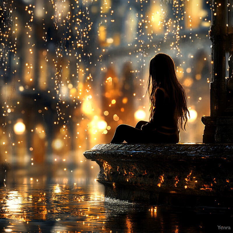 A woman sits on a stone wall overlooking a body of water at night, surrounded by trees and foliage.