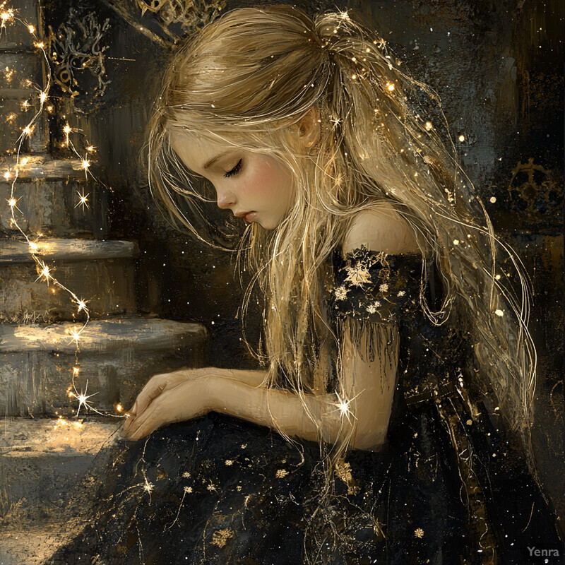 A young girl with long blonde hair sits on stone steps surrounded by twinkling lights in a mysterious atmosphere.