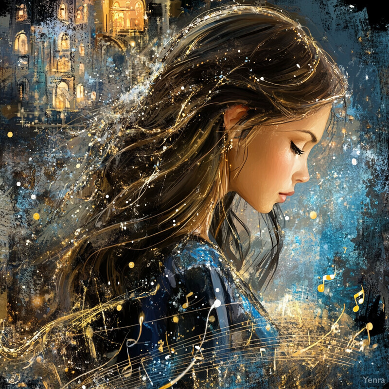 A serene young woman with long brown hair is lost in thought against a subtle city backdrop.