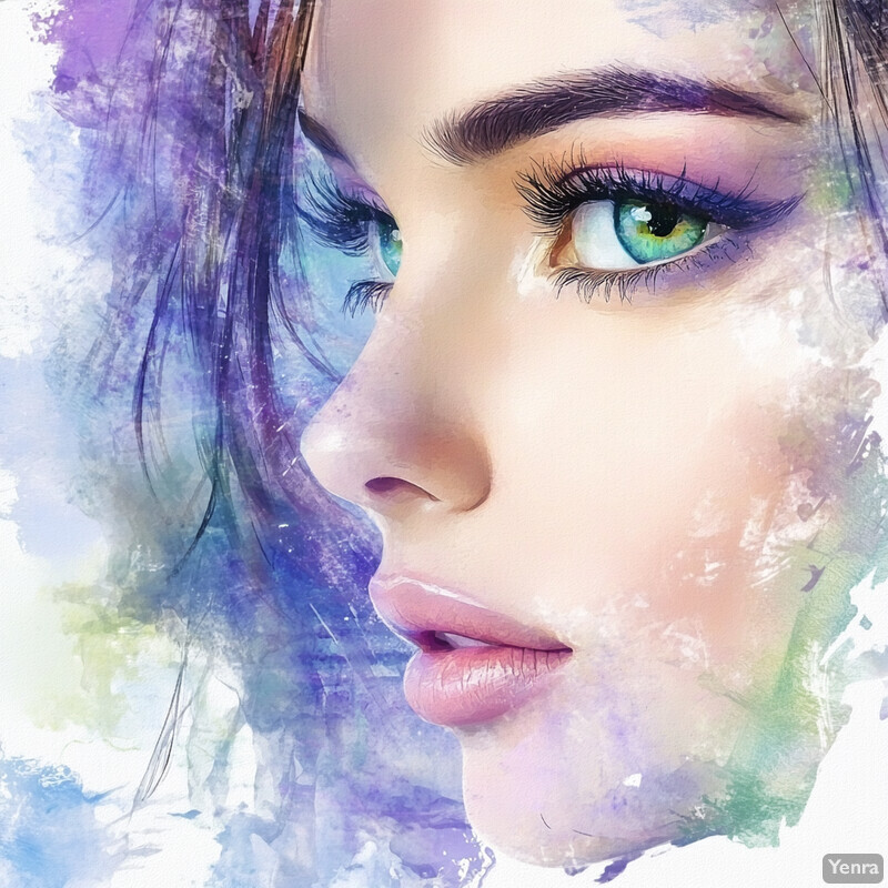 A dreamlike portrait of a woman's face with soft features and pastel-colored background.