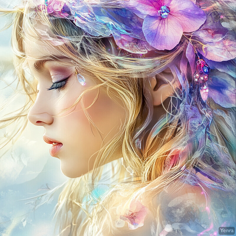 Dreamlike portrait of a woman with flowers in her hair