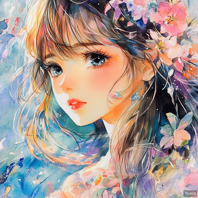 A young woman with long hair and bangs holds flowers, creating a dreamlike atmosphere through watercolor techniques.