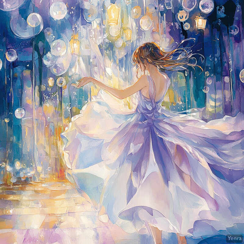 A woman dances in an ethereal setting surrounded by bubbles and lights