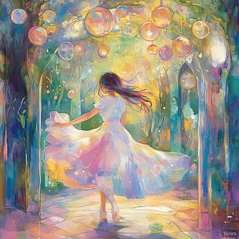 A woman dances in a fantastical forest setting surrounded by bubbles and vibrant colors.