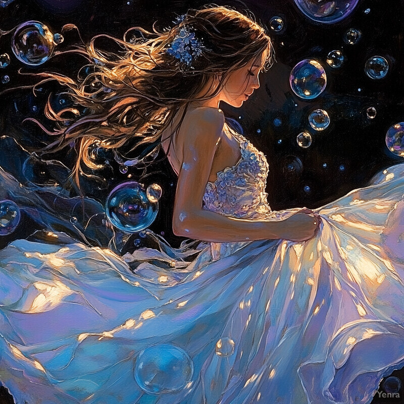 A woman in a flowing white dress dances or twirls surrounded by bubbles in a studio setting.