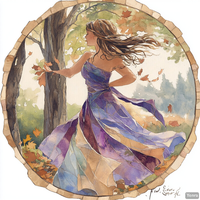 A woman with long brown hair and a purple dress made from leaves stands in an outdoor setting, holding a branch rooted into the ground.