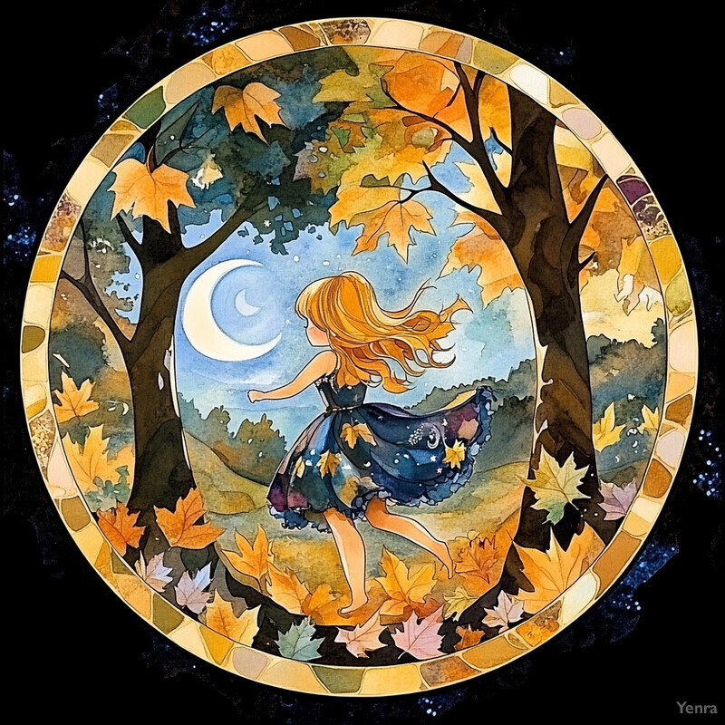 A girl in motion, surrounded by autumnal elements and celestial bodies, set against a starry night sky.