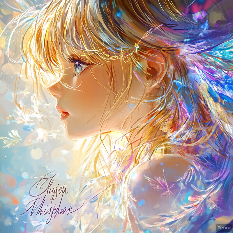 A young girl with blonde hair and blue eyes, surrounded by a soft glow and pastel hues.