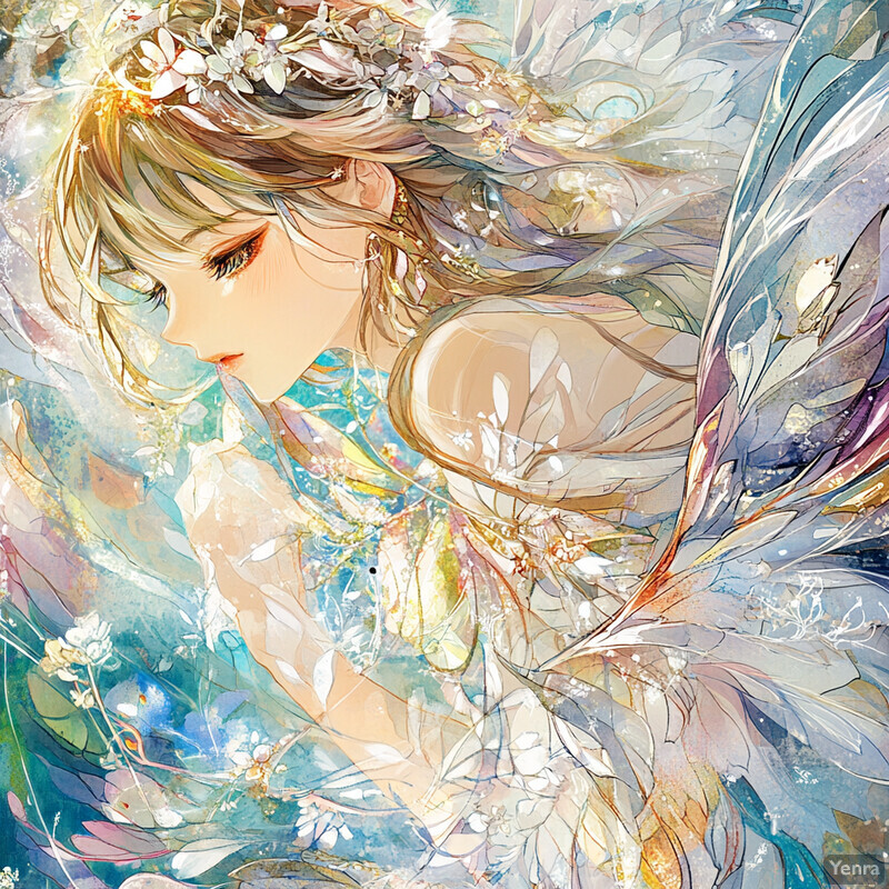 A serene and ethereal scene of a woman surrounded by flowers and feathers.