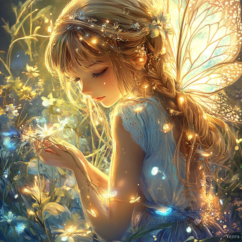 A young girl with fairy wings sits in a field of flowers, surrounded by lush greenery.