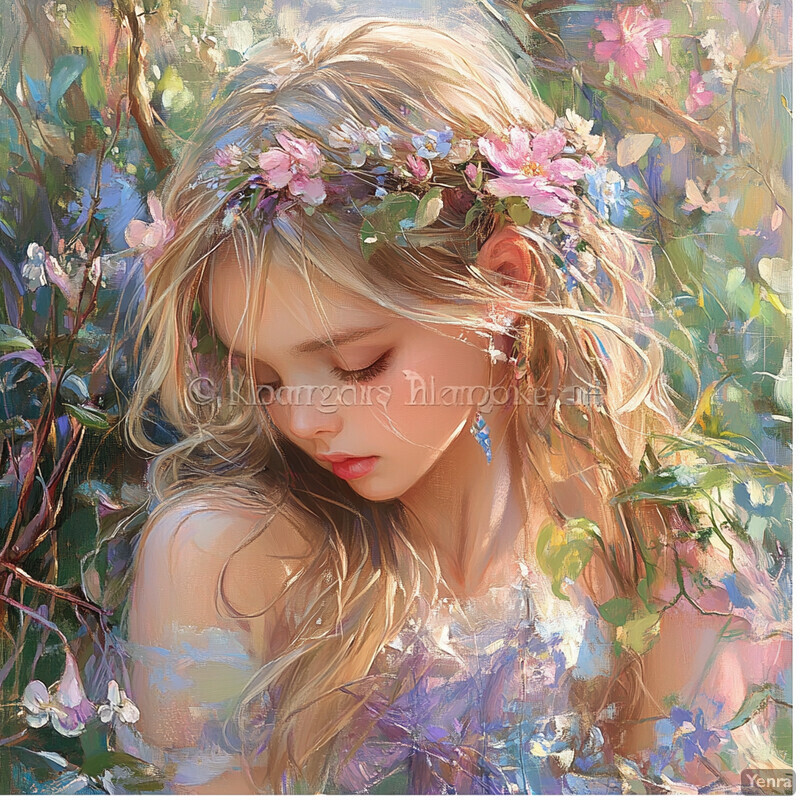 Enchanting portrait of a young woman surrounded by flowers and greenery