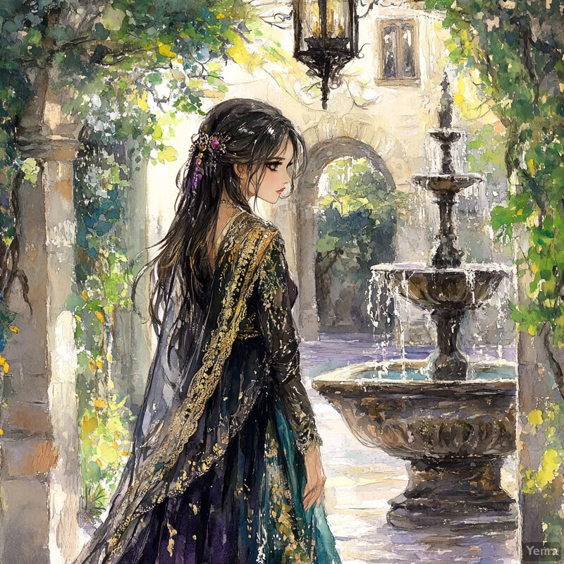 An elegant woman walks through a serene courtyard or garden, gazing at a majestic fountain in the background.