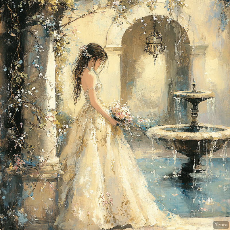 A serene and enchanting scene of a woman in a wedding dress standing by a fountain