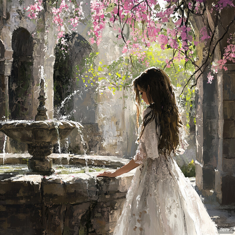 A woman stands in front of an ornate fountain, surrounded by lush greenery and vibrant flowers.