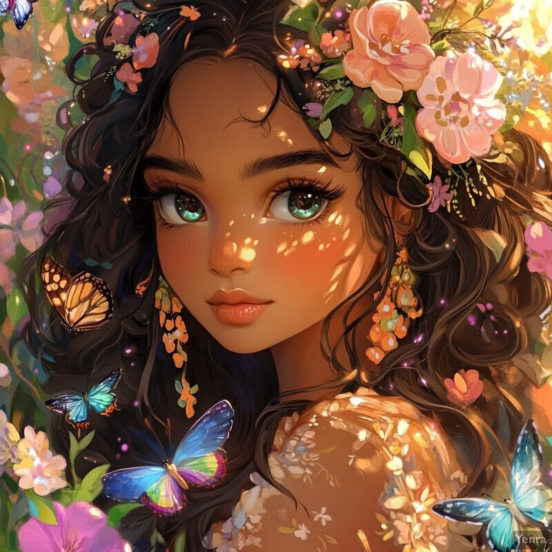 A serene and enchanting image of a woman surrounded by flowers and butterflies in a garden or forest setting.