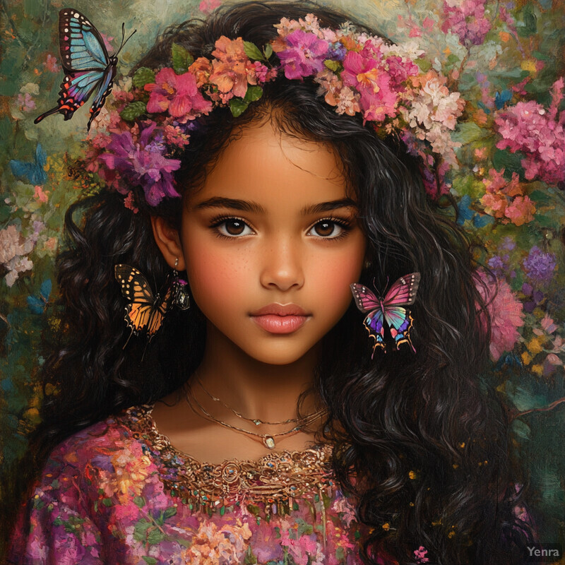 A young girl with dark skin and long, wavy hair is surrounded by butterflies and wears a floral crown and purple top in this enchanting portrait.