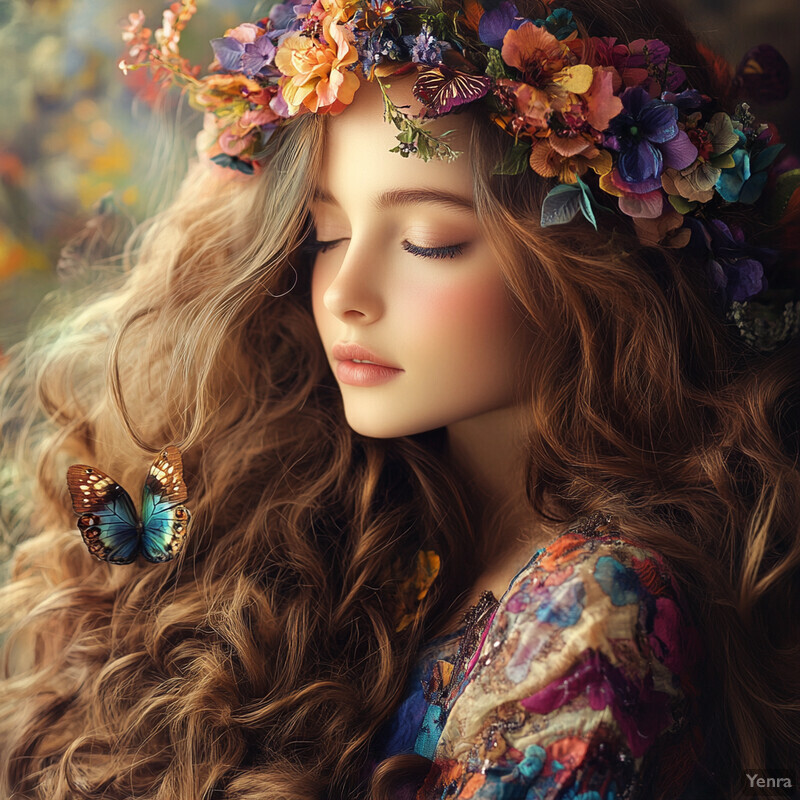 A young girl with long hair adorned with flowers and a colorful dress surrounded by butterflies in an enchanted garden.