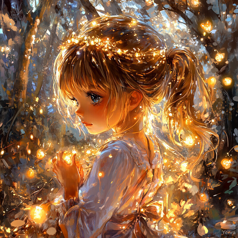 A young girl with long blonde hair in a ponytail, adorned with fairy lights, stands amidst a lush forest surrounded by towering trees and wildflowers.