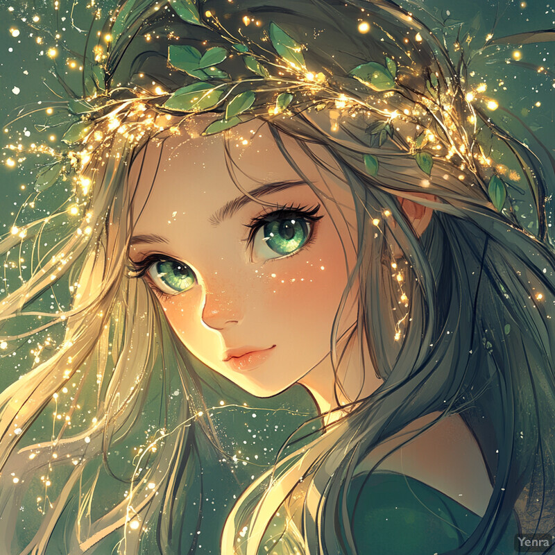 Anime-style illustration of a young woman with long hair and green eyes, wearing a wreath of leaves on her head and a dark-colored top or dress.