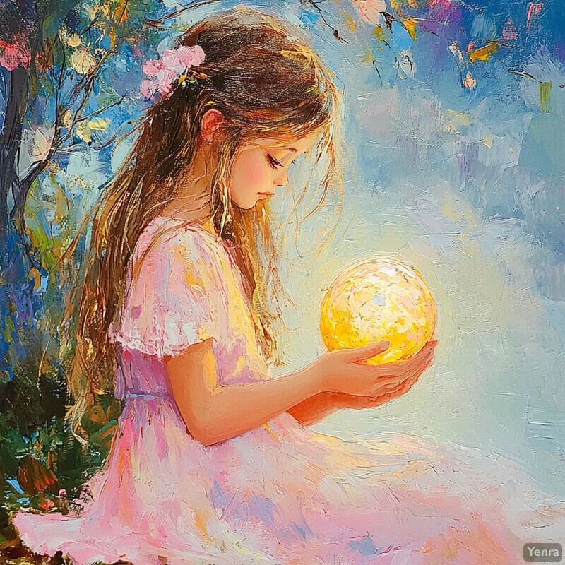 A young girl sits on the ground surrounded by lush greenery, holding a glowing yellow orb that illuminates her surroundings.