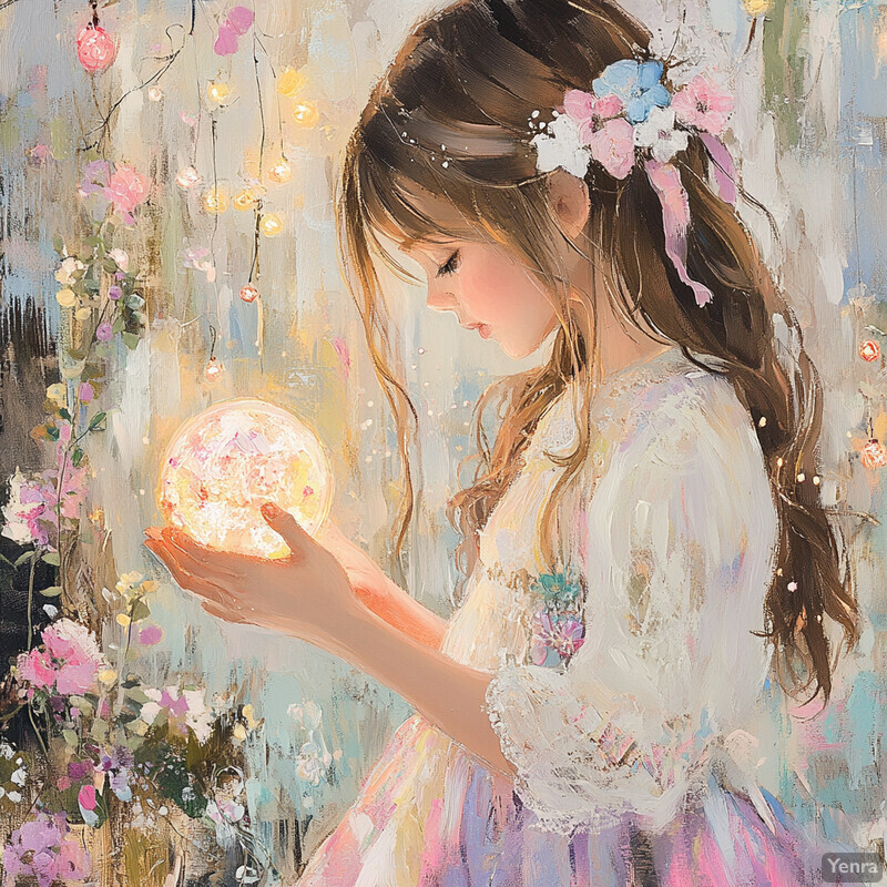 A young girl holds a glowing orb in her hands, surrounded by a soft, ethereal light.