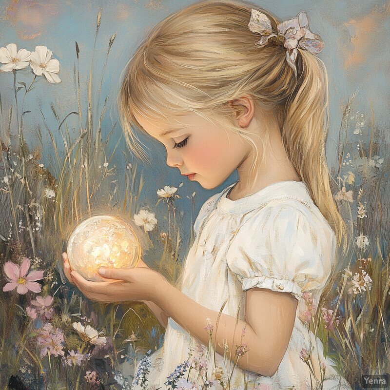 A young girl holds a glowing orb in a field of flowers