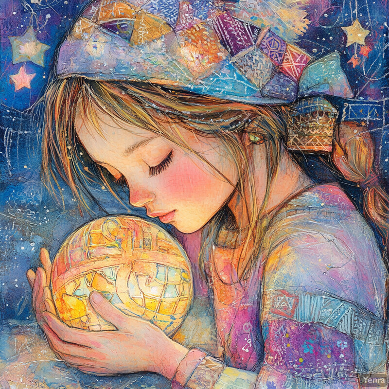 A young girl cradles an illuminated globe in her hands, surrounded by a dreamy atmosphere with shades of blue and purple.