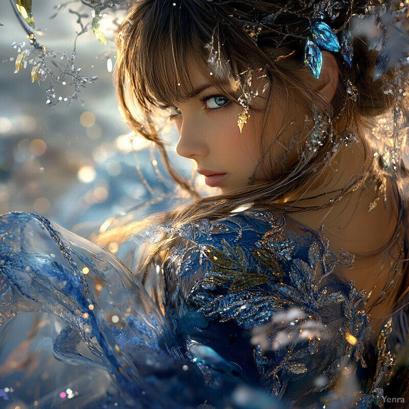 A woman with long brown hair and a blue dress with gold accents stands on a city street.