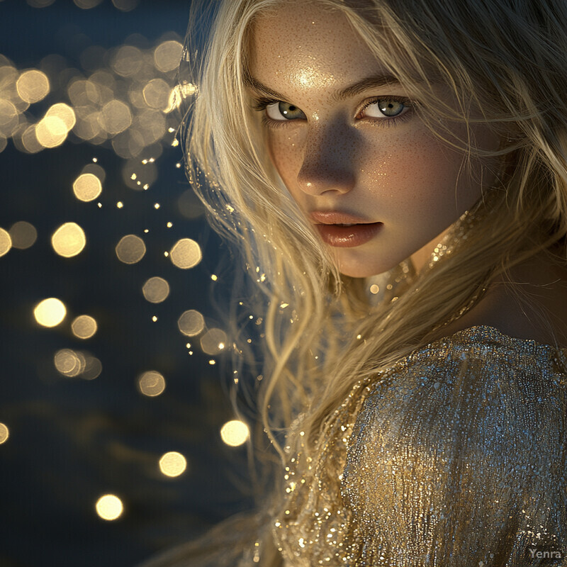 A young girl with long blonde hair and fair skin looks directly at the camera, wearing a gold dress and chain necklace in front of a background with several lights.